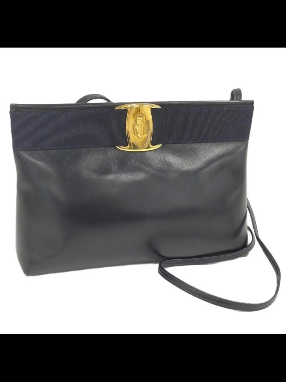 Salvatore Ferragamo Navy Blue Leather Crossbody with Gold Gancini